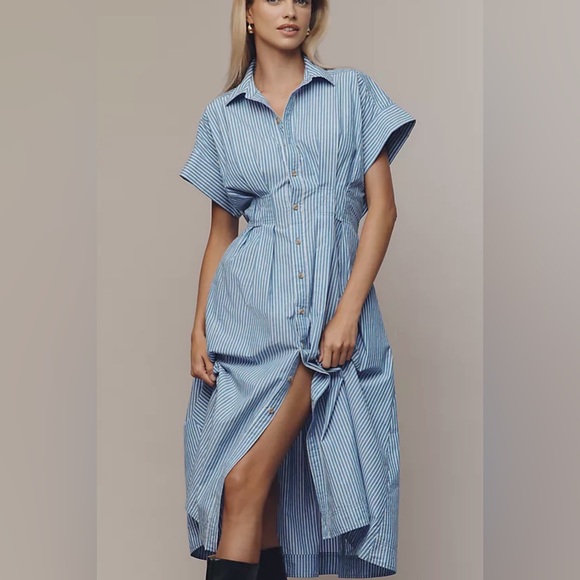 Anthropologie Pilcro Short Sleeve Midi Shirt Dress Blue White Stripe Size XS New - Picture 7 of 11
